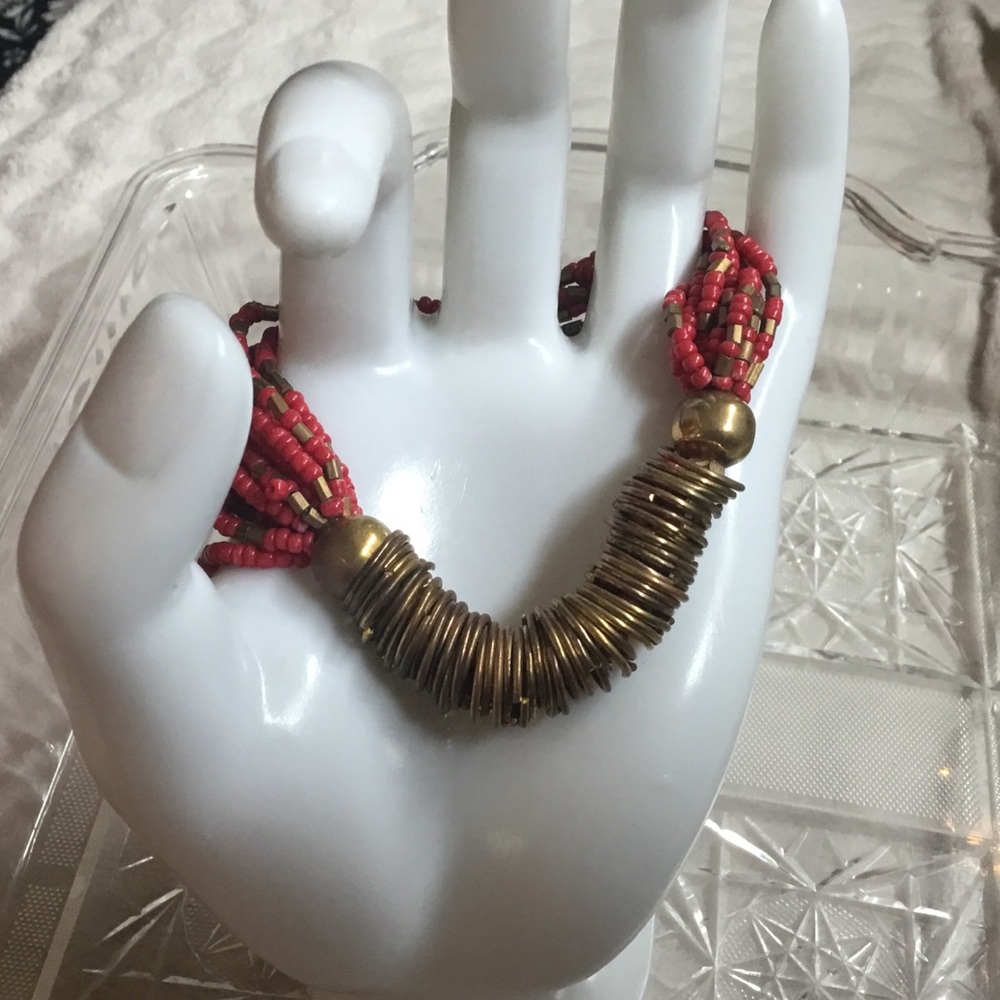 Red Beaded Bracelet with Brass Rings 12-Strand